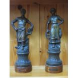 PAIR OF ANTIQUE SPELTER FIGURES WITH GOLD GREEN PATINA ON WOODEN SUPPORTS- SASTUSE AND FULTUSE,