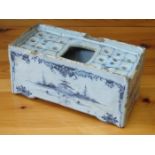 EARLY DELFT BLUE AND WHITE POTTERY BRICK FORM POSY VASE (AT FAULT)