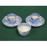 TWO NEWHALL BLUE AND WHITE CUPS AND SAUCERS PLUS ANOTHER SIMILAR BLUE AND WHITE TEACUP