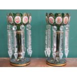 PAIR OF GOOD QUALITY ANTIQUE GREEN GLASS GILDED LUSTRES WITH HANDPAINTED OVAL PANELS DEPICTING
