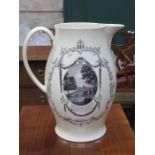 LARGE ANTIQUE LIVERPOOL CREAMWARE JUG WITH TRANSFER DECORATION- AUTUMN AND SPRING,