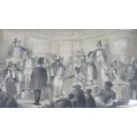 FRAMED 1850s MONOCHROME PRINT DEPICTING A BUSY AUCTION SCENE