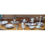 PARCEL OF MIXED SILVER PLATED WARE INCLUDING CANDELABRA, SAUCE BOATS AND COFFEE POT, ETC.