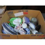 SUNDRY LOT OF CERAMICS INCLUDING PART TEA SETS, BLUE AND WHITE CHINA, BELL, ETC.