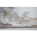 VICTORIAN STYLE GILT AND EBONISED EMBROIDERED STYLE PICTURE- A VIEW OF CROGEN ON THE BANKS OF THE