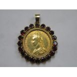 1887 GOLD TWO POUND COIN WITH RUBY COLOURED 9ct GOLD PENDANT SETTING