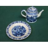 EARLY BLUE AND WHITE CERAMIC TEAPOT WITH PAGODA SCENE AND HERCULANEUM BLUE AND WHITE SHALLOW DISH