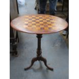 WALNUT VENEERED OVAL CHESS BOARD TOPPED TABLE ON TRIPOD SUPPORT