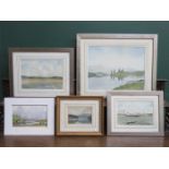 FOUR VARIOUS WATERCOLOURS BY L CRANE DEPICTING VARIOUS SCENES INCLUDING LIVERPOOL WATERFRONT,