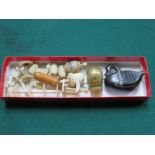 MIXED LOT OF VARIOUS SEWING BOB PINS, EBONISED SWAN FORM SNUFF BOX AND BRASS MOUSE FORM VESTA CASE,