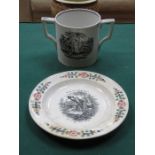 EARLY LIVERPOOL TWO HANDLED LOVING CUP AND WEDGWOOD FLORAL PLATE