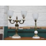 BRASS AND MARBLE EFFECT TWO SCONCE TABLE LAMP AND SMALLER SIMILAR TABLE LAMP