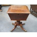 VICTORIAN MAHOGANY SARCOPHAGUS FORM TEAPOY WITH HINGED COVER AND FITTED SECTIONAL INTERIOR,