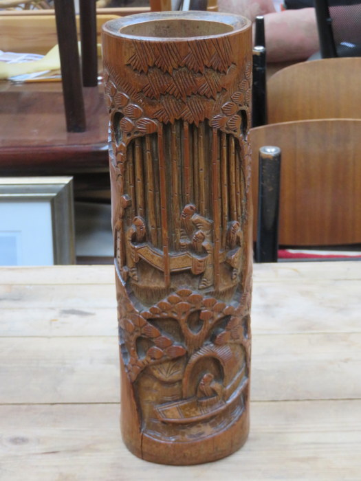 HEAVILY CARVED CHINESE TREEN BRUSH POT,