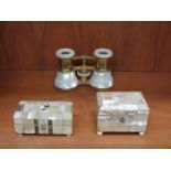 TWO SMALL MOTHER OF PEARL HINGED STORAGE BOXED AND OPERA GLASSES