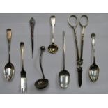 MIXED LOT OF HALLMARKED SILVER ITEMS INCLUDING SPOONS, STRAINER, ETC.