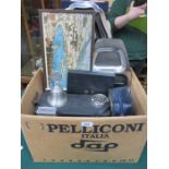 MIXED LOT INCLUDING VARIOUS PLATEDWARE, FLATWARE, PHOTO FRAME, PRINT, BOWLING BOULES, PROJECTOR,