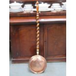 WOODEN BARLEY TWIST HANDLED COPPER BED WARMER