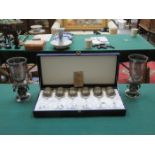 CASED SET OF SIX ITALIAN GILDED STEMMED GLASSES AND TWO VASES WITH DROPLETS