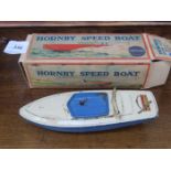 1930s HORNBY SMALL SCALE BOXED CREAM/BLUE SPEEDBOAT,