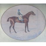 WOODEN FRAMED OVAL 19th CENTURY PICTURE BY J BROWN DEPICTING A CHAMPION RACEHORSE,