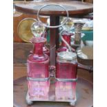 SILVER PLATED AND CRANBERRY GLASS CONDIMENT SET