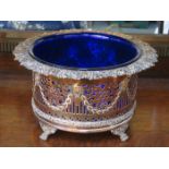 COPPER PIERCEWORK DECORATED CHAMPAGNE HOLDER WITH BLUE GLASS LINER