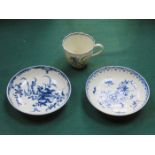 TWO EARLY BLUE AND WHITE SAUCERS AND SIMILAR COFFEE CUP