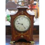 ANTIQUE MAHOGANY INLAID MANTEL CLOCK WITH ENAMELLED ND BRASS MOUNTED DIAL,