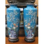 PAIR OF WOODEN CASED CLOISONNE VASES ON STANDS,