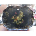 LARGE FLORAL DECORATED AND GILDED LACQUERED TRAY,