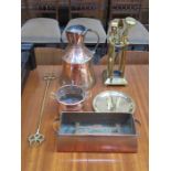 MIXED LOT OF COPPER AND BRASS INCLUDING COMPANION SET AND OTHER FIRESIDE ITEMS, PLANTER AND JUG,