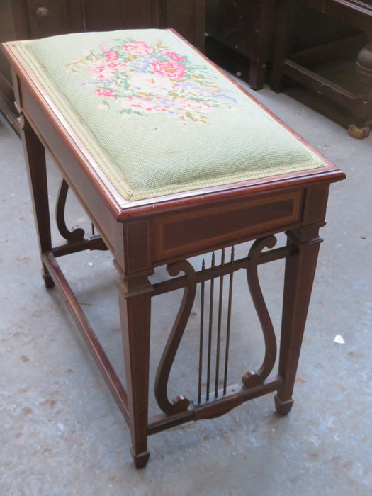 EDWARDIAN MAHOGANY INLAID PIANO STOOL WITH SLOPED FLORAL EMBROIDERED LIFT UP SEAT - Image 2 of 2