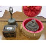 ORIENTAL STYLE MINIATURE FLIGHT OF DRAWERS, PAPIER MACHE MONEY BOX,