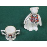 ROYAL CROWN DERBY MINIATURE DIAMOND CORONATION LOVING CUP PLUS 'I LOVE LONDON' TEDDY BEAR