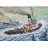 RW DIPPLE, FRAMED WATERCOLOUR DEPICTING LIVERPOOL PILOT BOAT AND TUG,