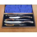 CASED HALLMARKED SILVER BANDED FOUR PIECE CARVING SET BY ISAAC ELLIS & SONS
