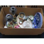 MIXED LOT OF CERAMICS INCLUDING BLUE AND WHITE PLATES, DOULTON BOWL, HARRISON LINE CUP AND SAUCER,