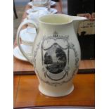 LARGE ANTIQUE LIVERPOOL CREAMWARE JUG WITH TRANSFER DECORATION- AUTUMN AND SPRING,