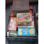 BOX CONTAINING VARIOUS VINTAGE STORAGE TINS