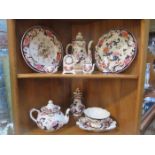 MIXED LOT OF MASONS IRONSTONE INCLUDING TEAPOT, COFFEE POT, CLOCKS AND VASE, ETC.