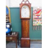 ANTIQUE MAHOGANY INLAID CASED LONGCASE CLOCK WITH HANDPAINTED AND ENAMELLED ROLLING MOON DIAL BY R