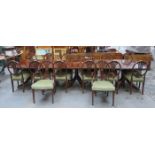 REPRODUCTION MAHOGANY THREE PILLAR DINING TABLE WITH TWO EXTRA LEAVES AND FOURTEEN (TWELVE AND TWO)