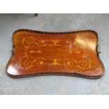 MAHOGANY INLAID SERVING TRAY WITH BRASS HANDLES (AT FAULT)