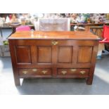ANTIQUE PANELLED OAK COFFER FITTED WITH TWO DRAWERS