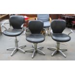 THREE BLACK LEATHER EFFECT AND CHROME BARBERS CHAIRS