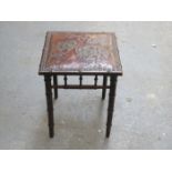 SMALL LEATHER TOPPED BAMBOO EFFECT STOOL WITH FLORAL DECORATION