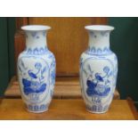 PAIR OF BLUE AND WHITE ORIENTAL CERAMIC VASES,