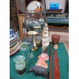 SWING MIRROR AND EGG TIMER PLUS VARIOUS COLOURED GLASSWARE, HORN GALLEON,