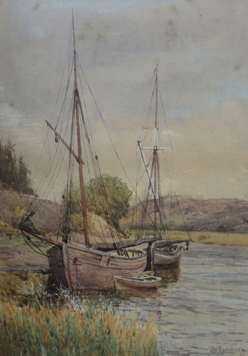 J M SOUTHERN, FRAMED WATERCOLOUR DEPICTING SAILING BOATS ON A RIVERBANK,